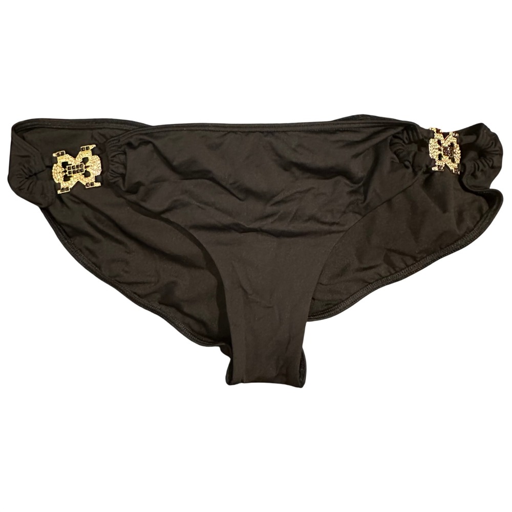 Victoria's Secret Bikini Bottom L Black Crystal Gold Hardware Glam Y2K Resort - Picture 2 of 6